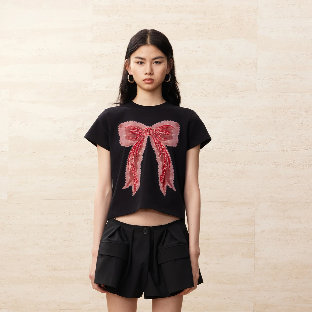 UOOYAA/乌丫珠片绣数码印花经典蝴蝶结T恤UY25002T199140