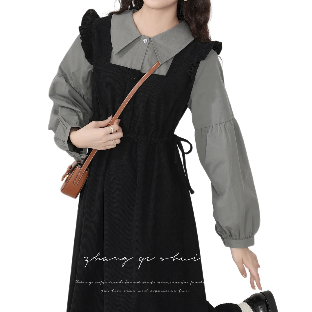 【ZBT直播间】《诗意与悸》秋冬黑灰色拼接气质假两件连衣裙ZQS06119