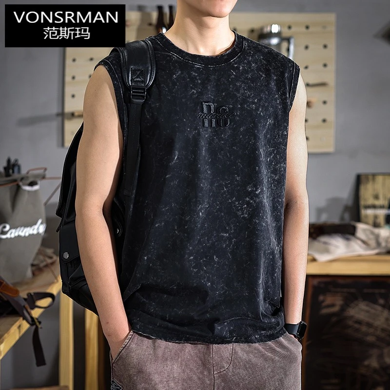 2025夏季新款水洗背心男宽松大码无袖t恤潮牌ins篮球运动休闲坎肩