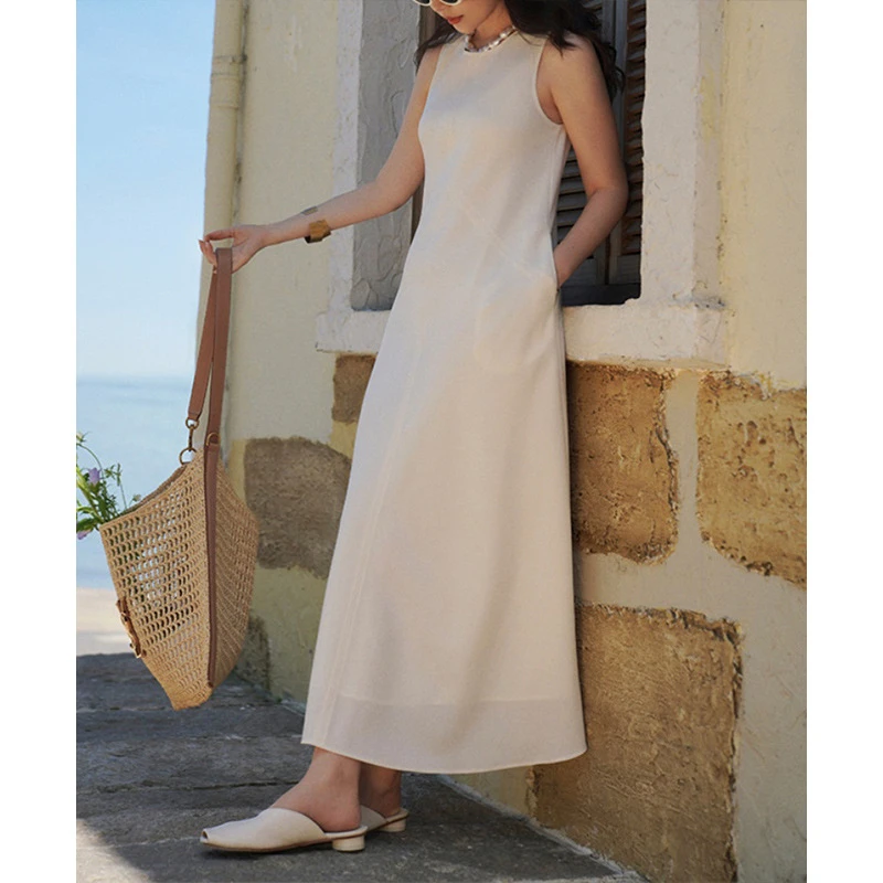 立裁收腰简约无袖背心长款连衣裙新款白色裙子0260