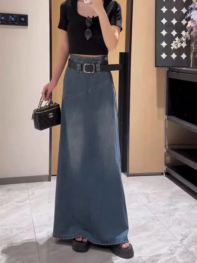 韩式设计感大摆牛仔半身裙女夏季薄款高腰垂感宽松显瘦A字中长裙