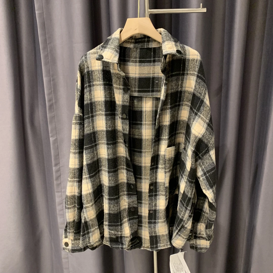 肆玖嘉磨毛格子衬衫女春款休闲设计感复古宽松洋气叠穿衬衣外套潮