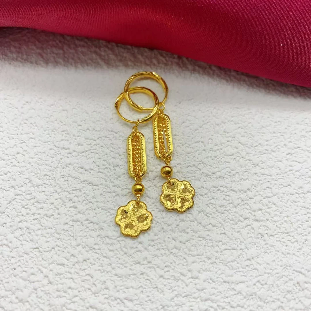 【木韵阁】足金999 5G黄金鱼鳞四叶草耳圈提溜时尚百搭大气 6.07