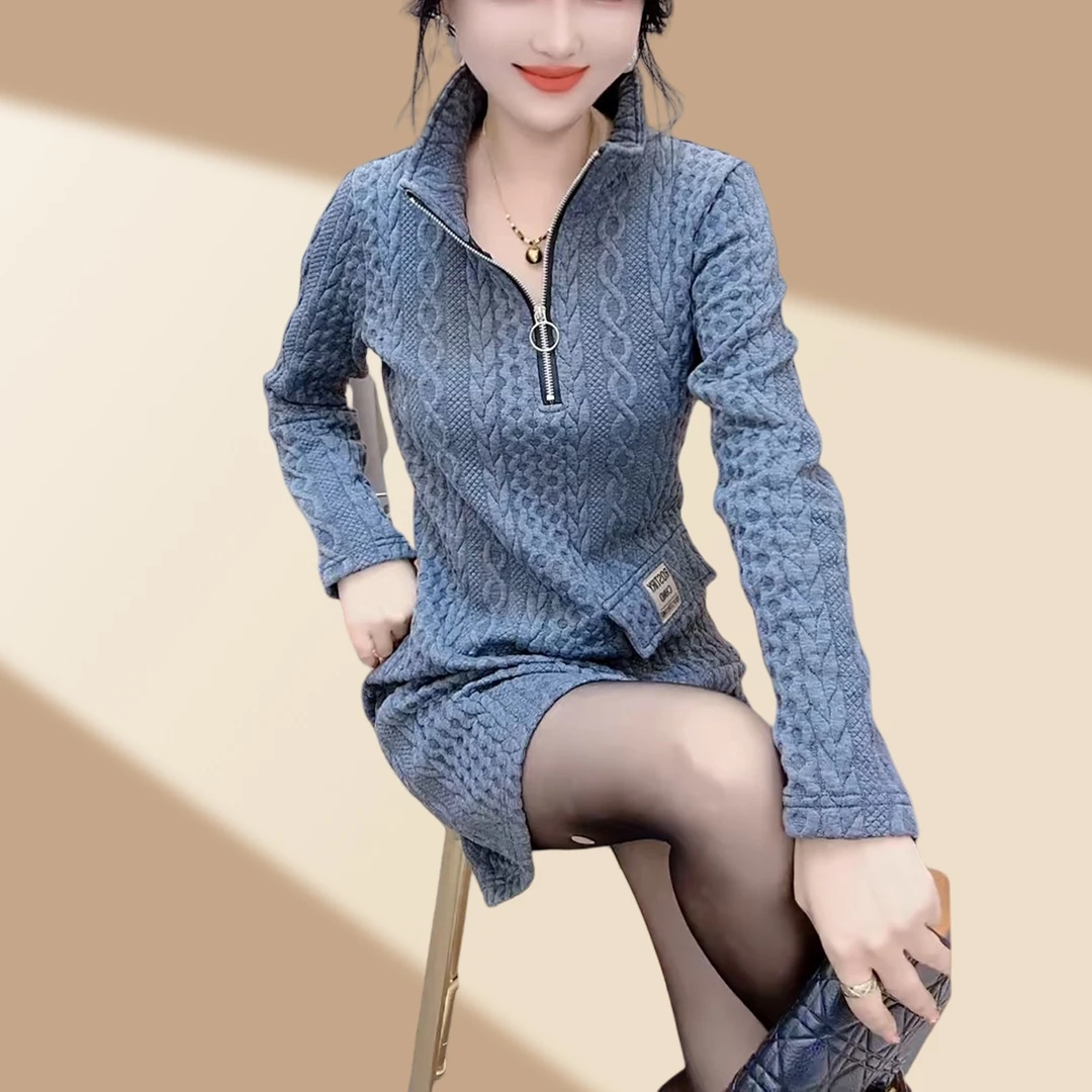 2026秋冬新款加厚保暖卫衣裙女气质显瘦拉链半开领百搭中长款上衣