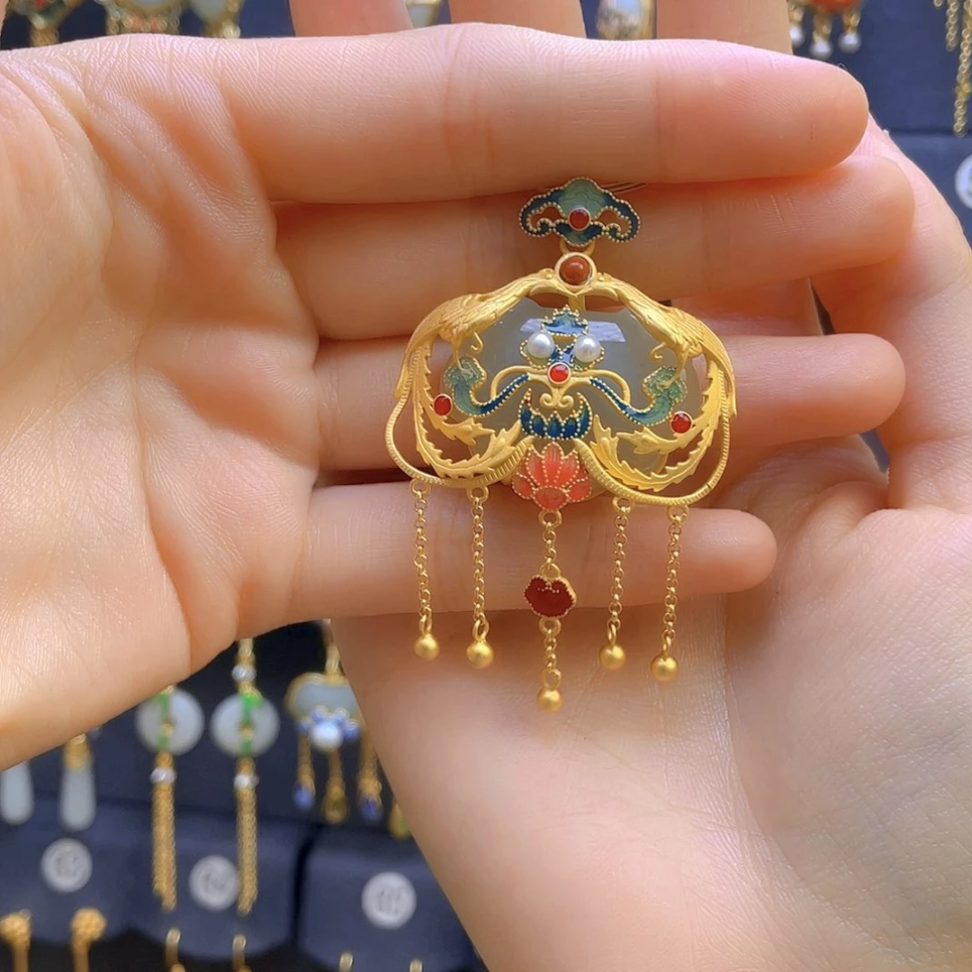 和田玉颈饰银S925镀金镶嵌