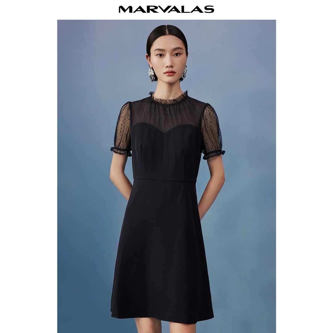 【小余专属】女装连衣裙网纱连衣裙赫本风收腰中长款小黑裙M510193