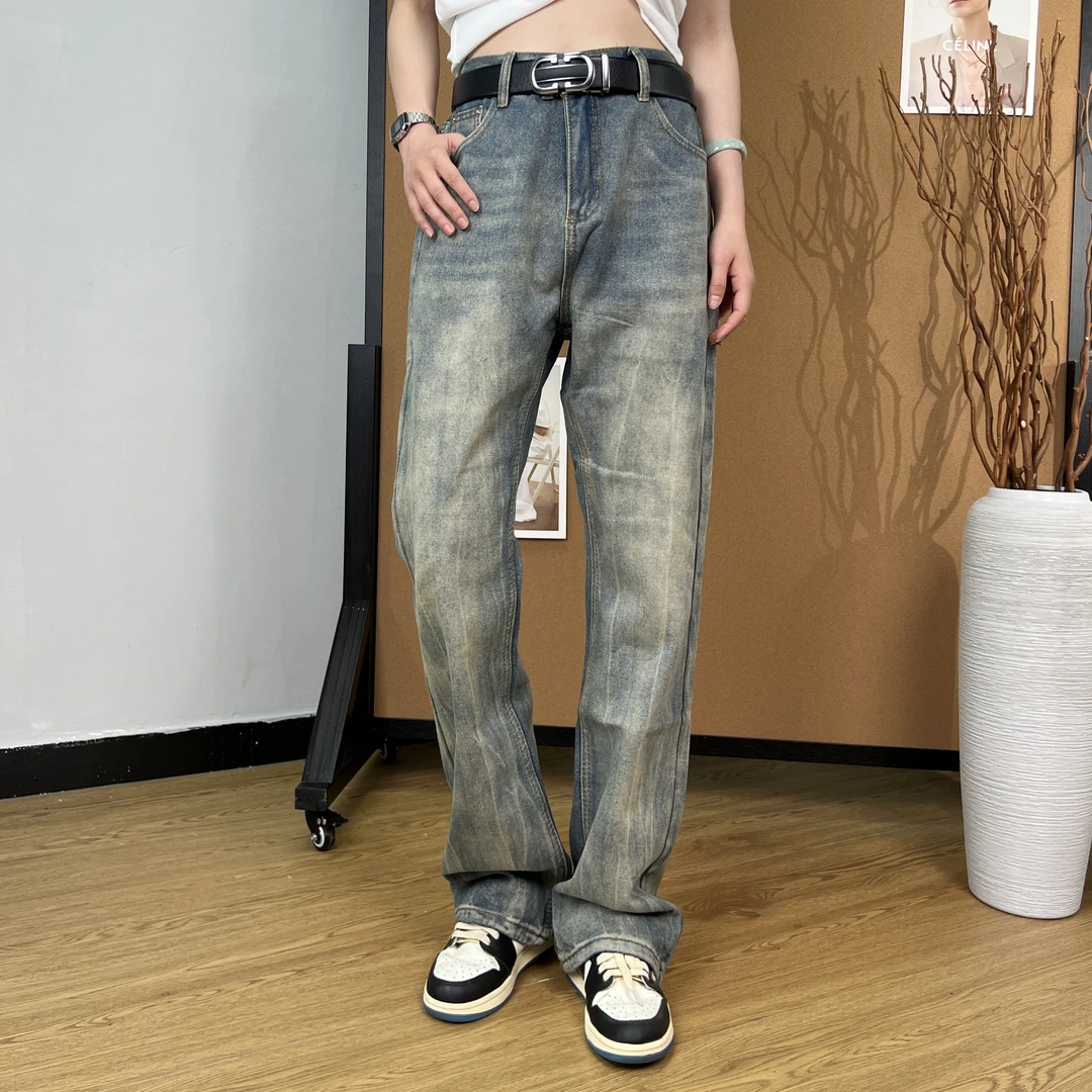 862-复古蓝牛仔裤男款2025春秋美式高街修身水洗裤子直筒微喇长裤