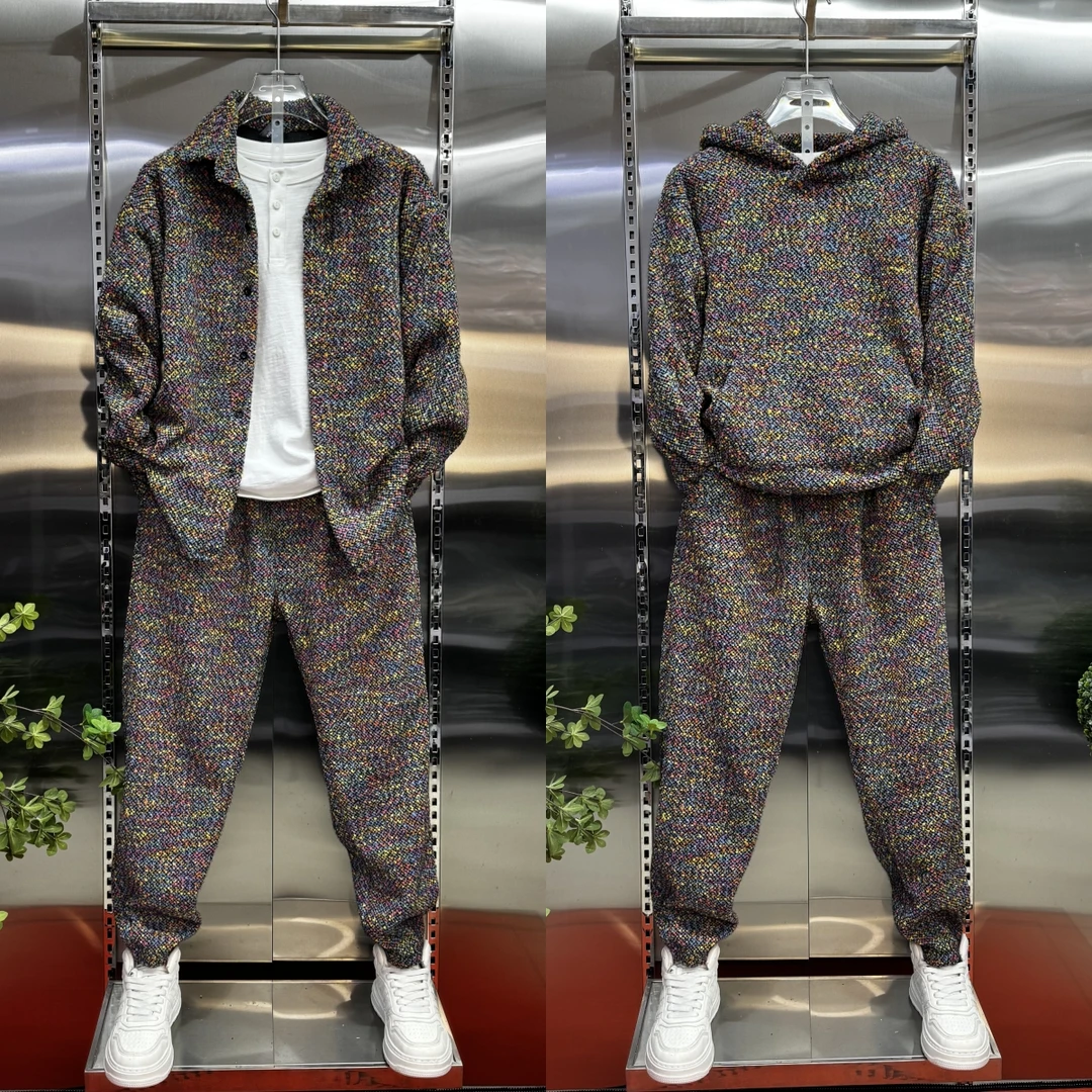 秋冬小香风男士套装时尚宽松针织保暖休闲两件套百搭网红长裤穿搭