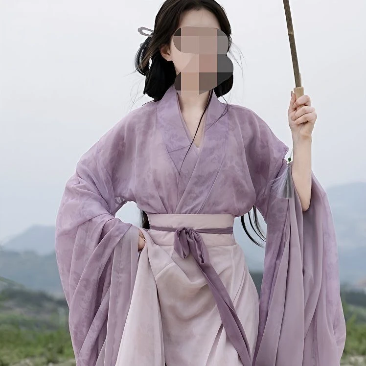 半夏紫色渐变雪纺汉服女学生印花交领广袖中国风八破裙2024夏
