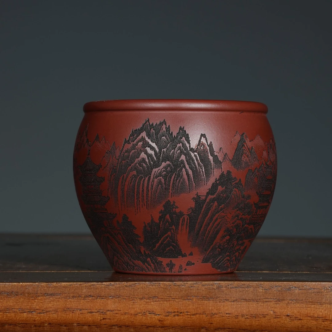 宜兴原矿朱泥大红袍书法刻绘山水紫砂手工主人杯容量150CC