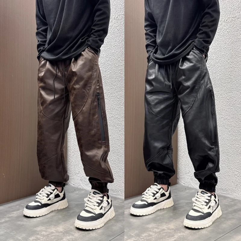 2025秋冬季防风哈伦宽松垂感直筒百搭pu皮休闲防水束脚百搭皮裤男