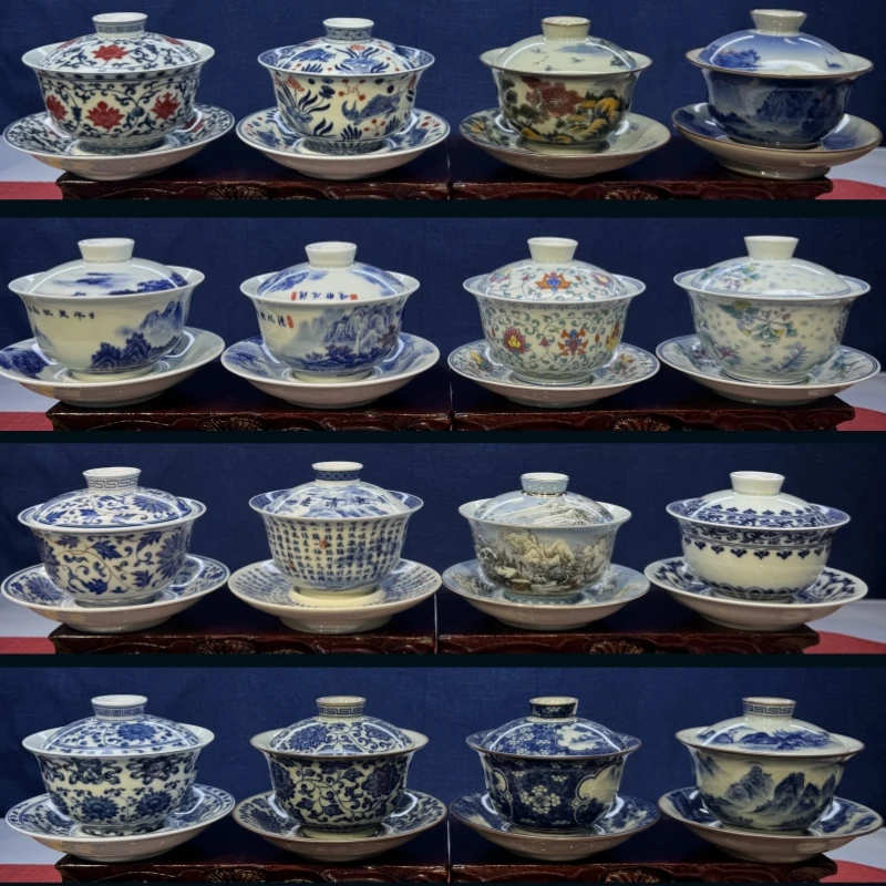景德镇青花三才元宝盖碗高档茶盖碗茶具功夫茶具釉下彩陶瓷泡茶碗
