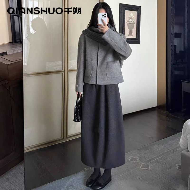 千朔高个子毛呢花苞半身裙女秋冬2025新款松紧高腰休闲加绒a字裙