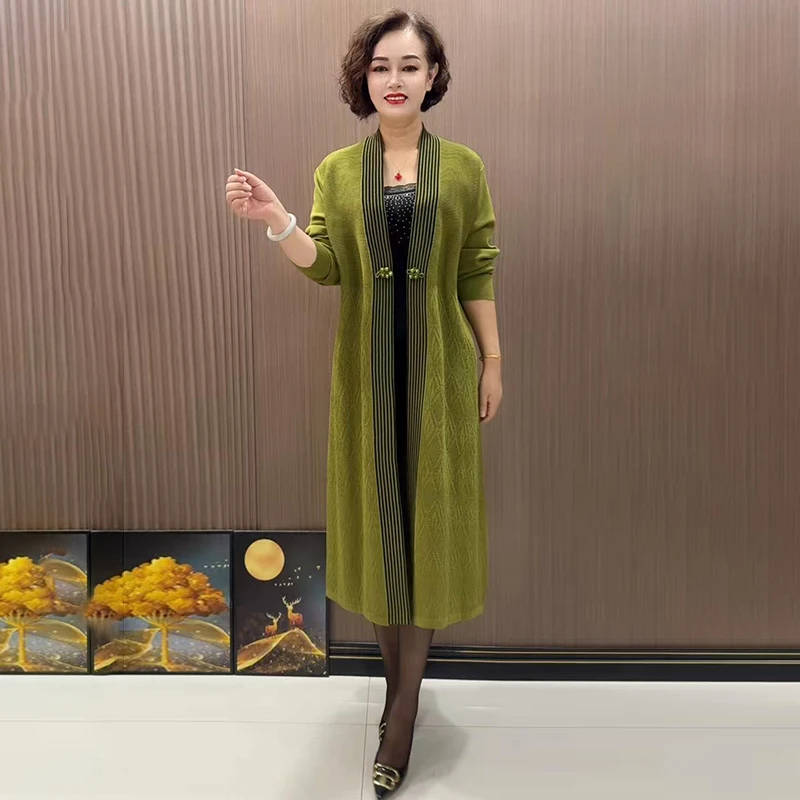 50150秋妈妈婚宴礼服重工提花针织长款外披宽松两件套打底裙外披