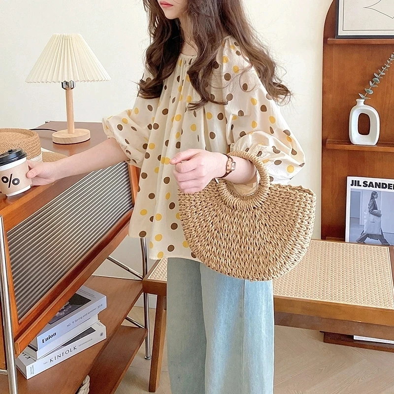 衬衫女2025新款漂亮小衫法式宽松一字领灯笼袖波点棉质娃娃衫上衣
