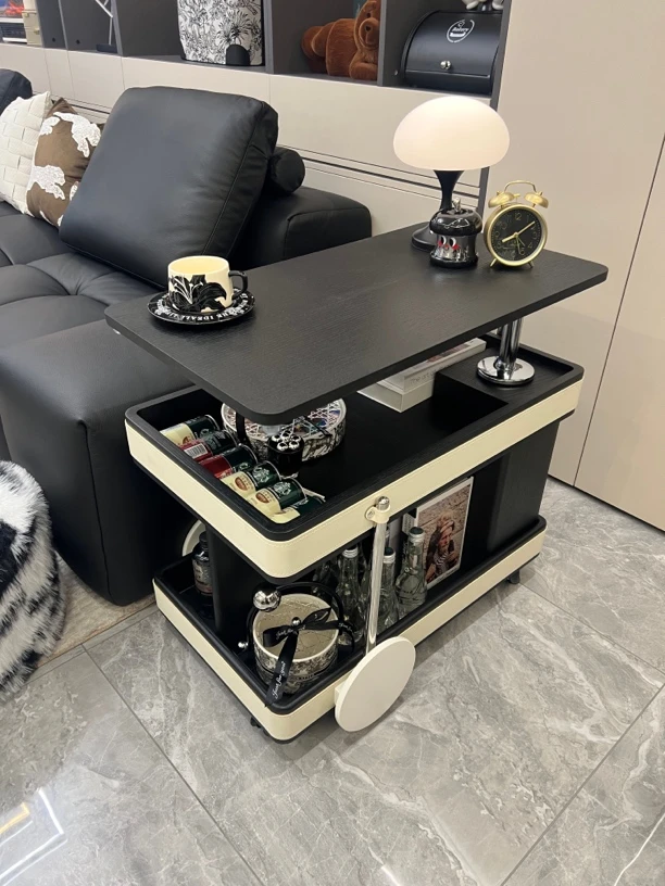 实木马鞍皮升降沙发边几沙发侧边柜边几桌可移动推车