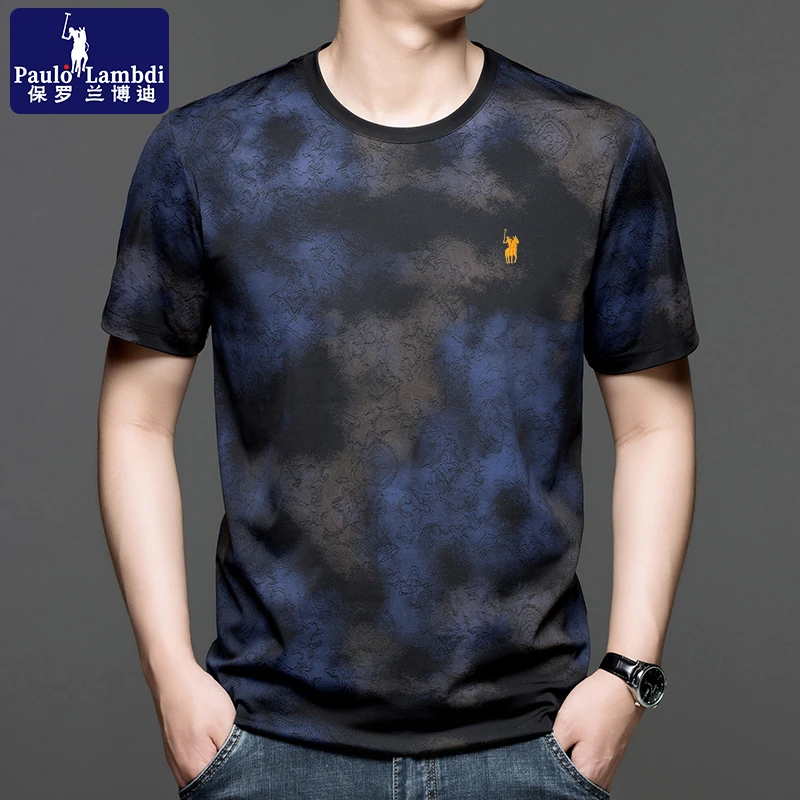 保罗夏季冰丝短袖t恤男士时尚休闲潮流印花刺绣圆领冰感男装T恤衫