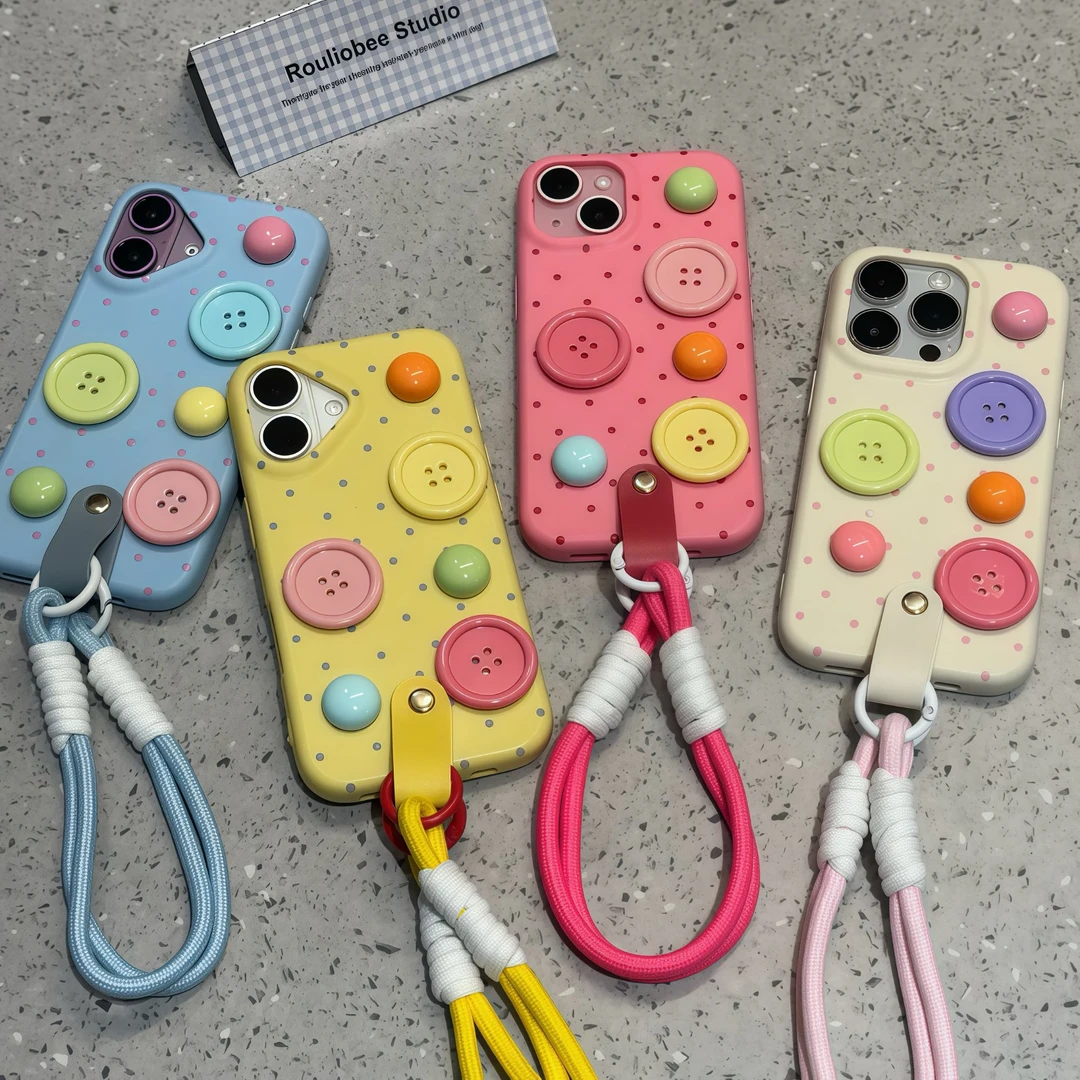 ins多巴胺纽扣手绳适用苹果16/15promax手机壳13华为p70女14软套