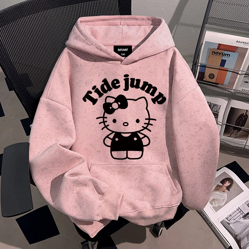 2025秋冬新款女童学院风kity猫印花扎染连帽卫衣加绒加厚百搭外套