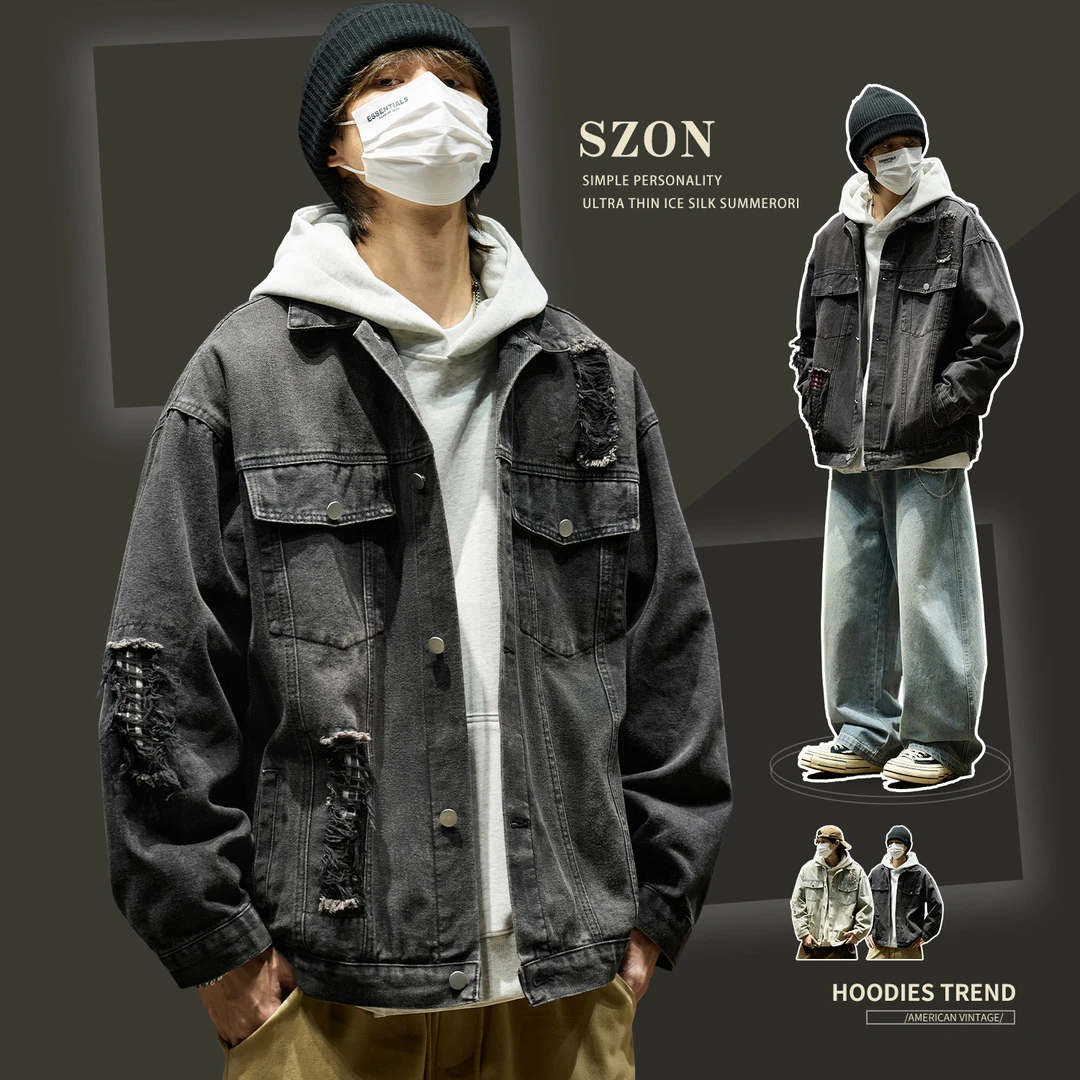 工装衬衫2025新款春秋潮牌水洗破洞牛仔外套美式高街痞帅夹克男款