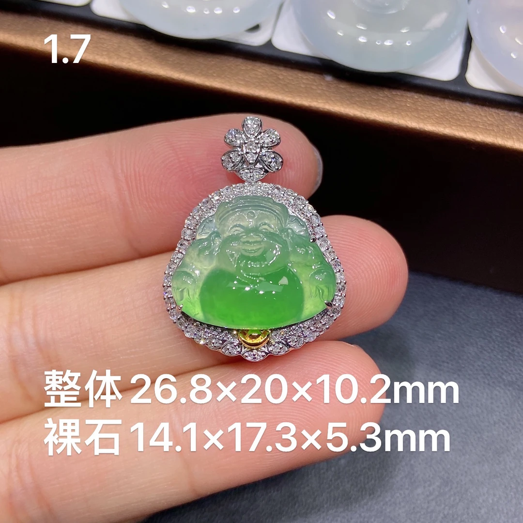 缅甸天然A货翡翠，高冰种18k金豪华镶嵌 甜阳绿财神爷吊坠，精美款R
