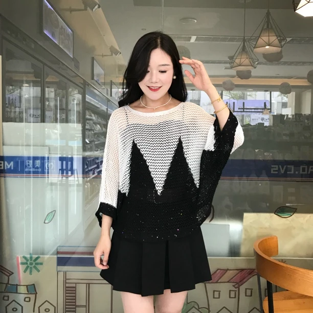 夏季时尚爆款新款气质百搭镂空亮片针织衫女针织上衣撞色拼接罩衫