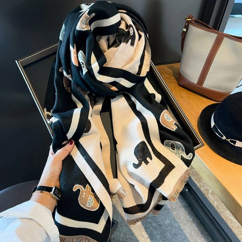 Miss Silas羊绒双面萌萌小象卡通印花围巾女秋冬学生百搭围脖加厚