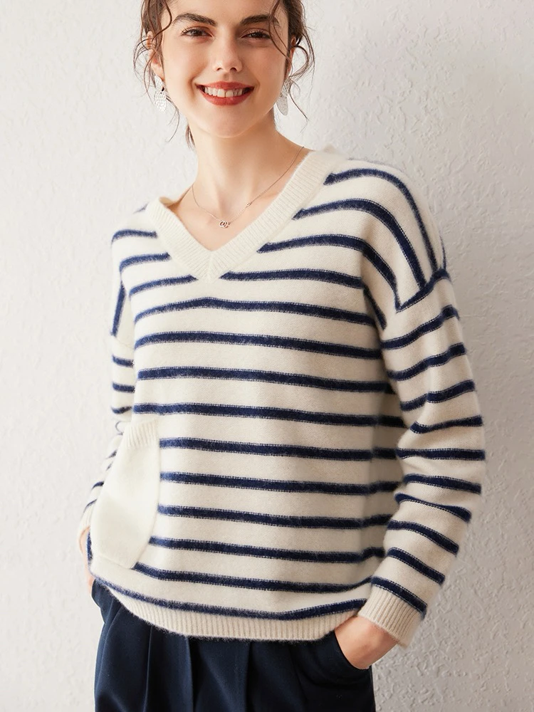 【康赛妮baby绒】 七针双股加厚v领条纹100%纯羊绒衫 ryyt 7119