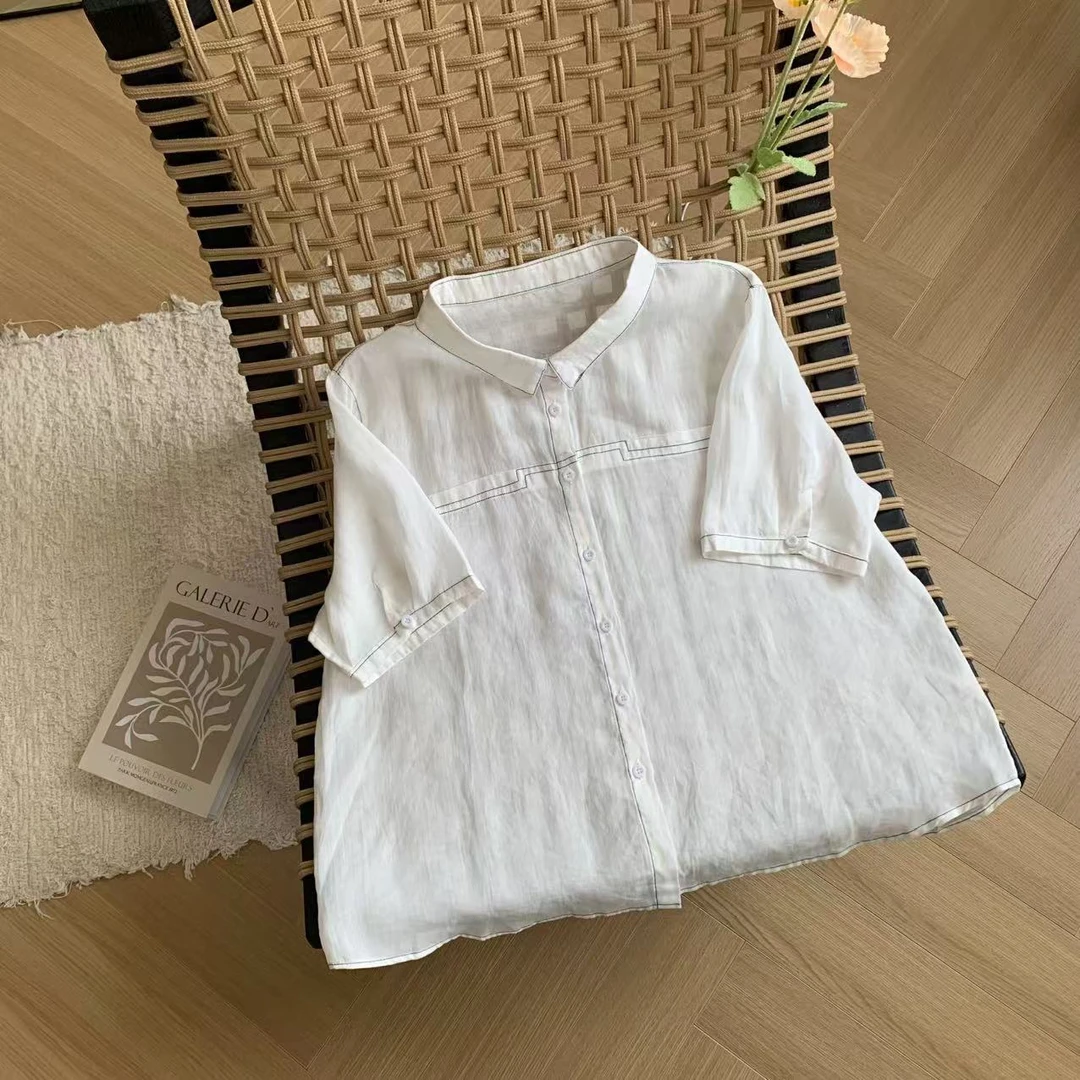 素心轻奢 2025夏季新款100%苎麻明线设计高级感洋气翻领宽松衬衫