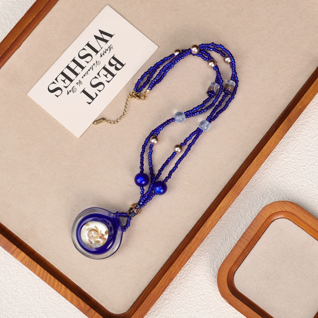 合金项链 LZ4538 蓝色银箔圆饼吊牌多层小米珠项链