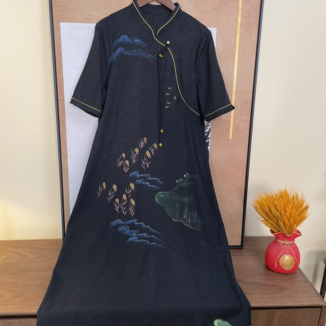 陈 新中式 香云纱重缎手绘连衣裙 80328