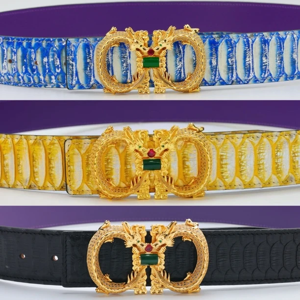 真蟒蛇皮腰带正肚配镶钻字母8字扣真皮裤腰带平滑扣皮带头金色男