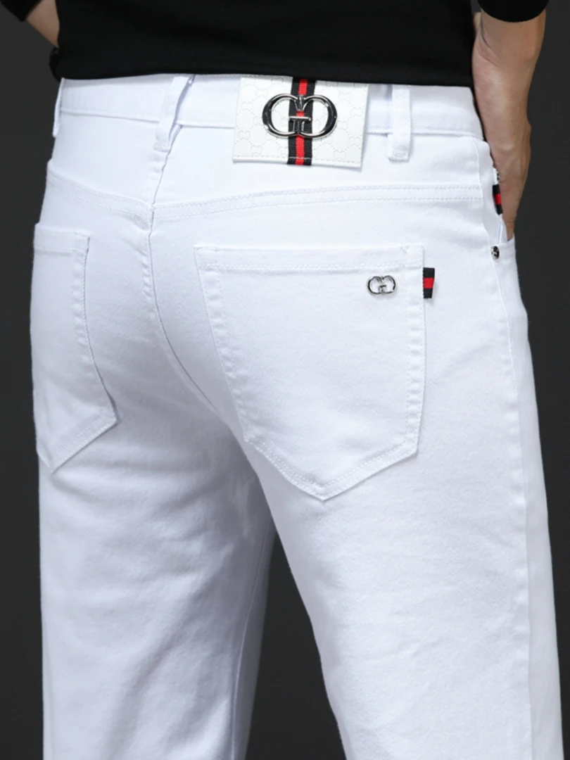 2025夏季新款男士白色牛仔裤男修身小脚潮流高档潮牌弹力休闲裤子