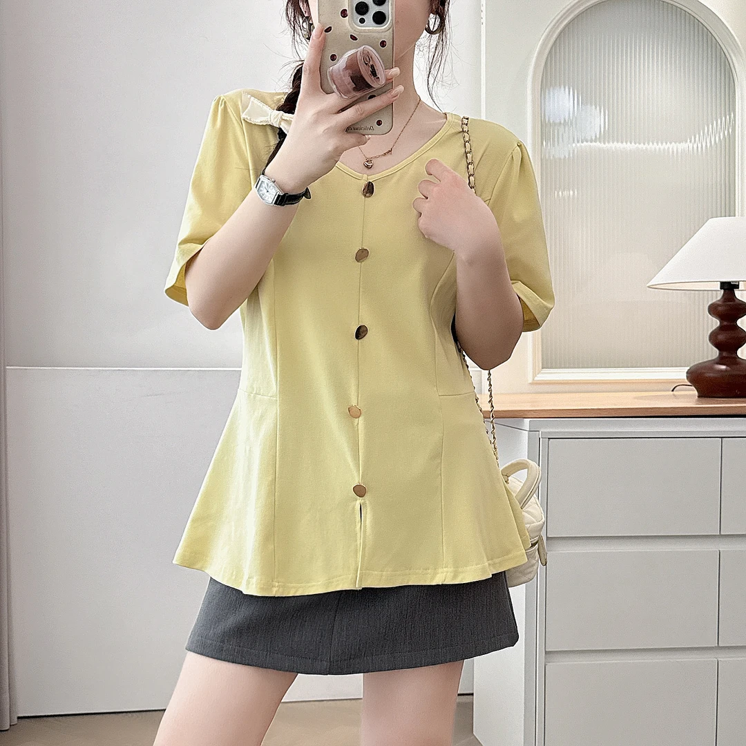 大码女装胖mm收腰遮肚子正肩短袖t恤夏季新款气质v领宽松显瘦上衣