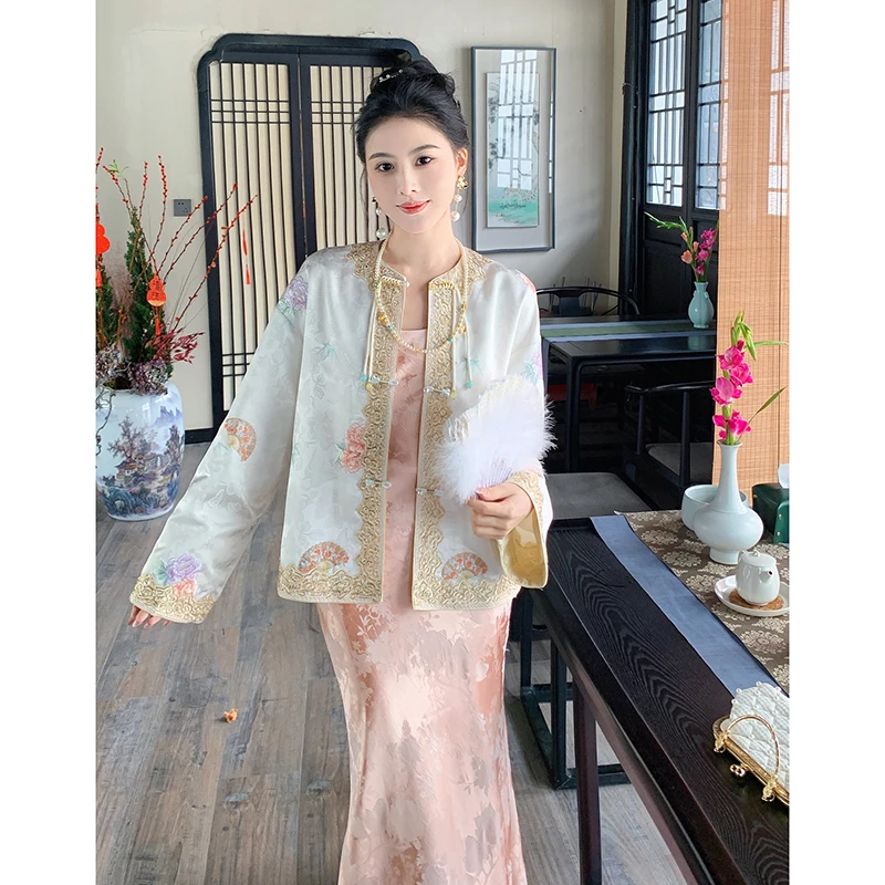 果果家 新中式圆领钉珠刺绣提花薄款上衣女2025春季高级感外套