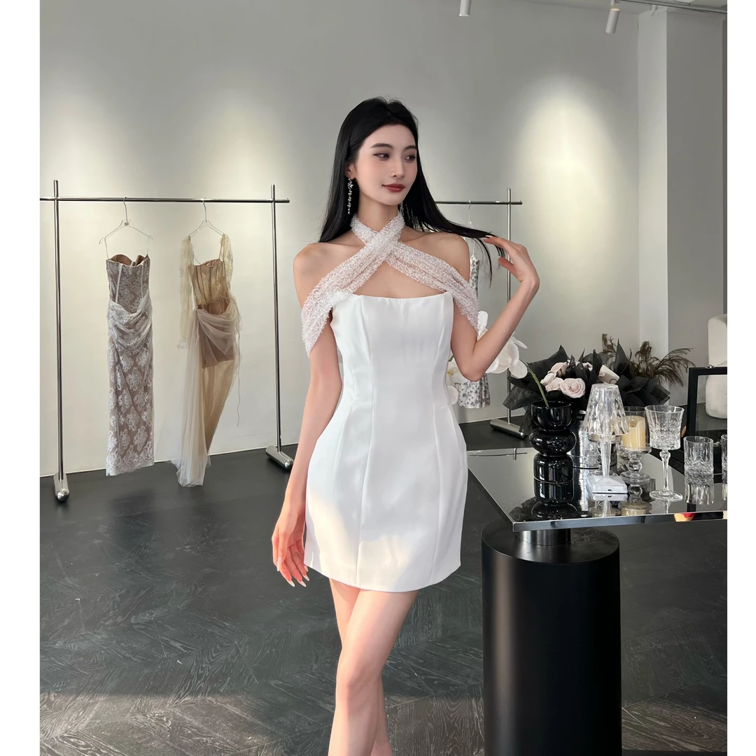 【JINGGUO轻奢】小众设计感绣珠轻礼服修身名媛气质连衣裙7276