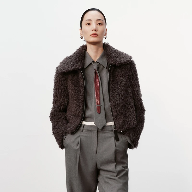 【商场同款】H·GENTEEL新款冬装女翻领拼接毛绒短外套GUE42520630