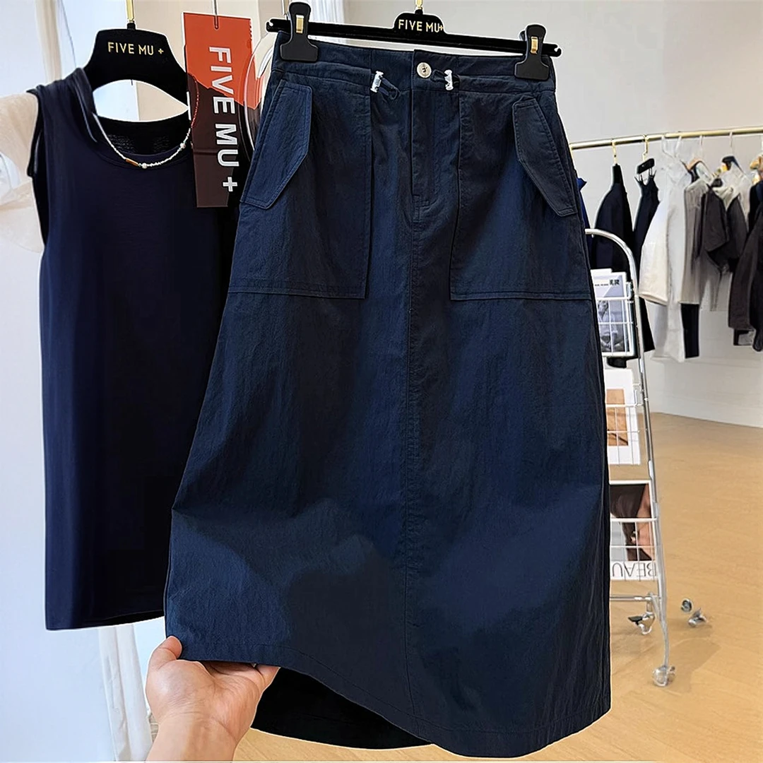 韩系休闲A字工装半身裙女夏季高腰长裙薄款独特别致洋气过膝裙子