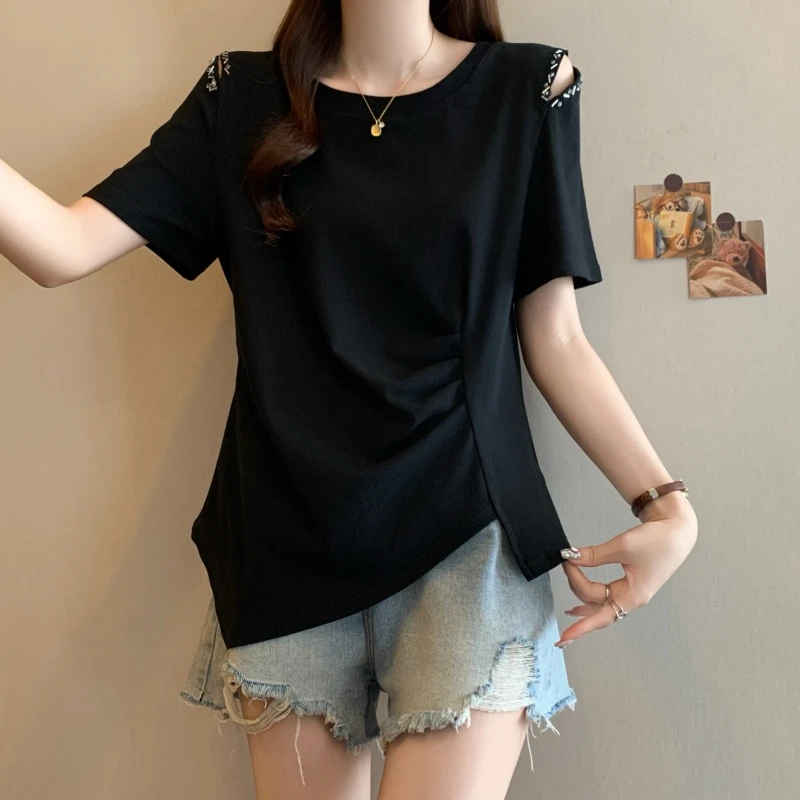 大码2025夏季新款时尚镂空设计短袖T恤女不规则百搭显瘦上衣