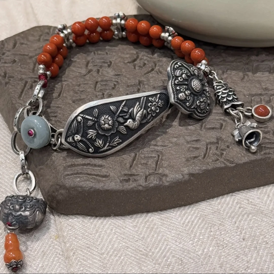 敦煌飞天 925银手链 S09778 锦鲤兽面红葫芦如意平安扣玫瑰花手链