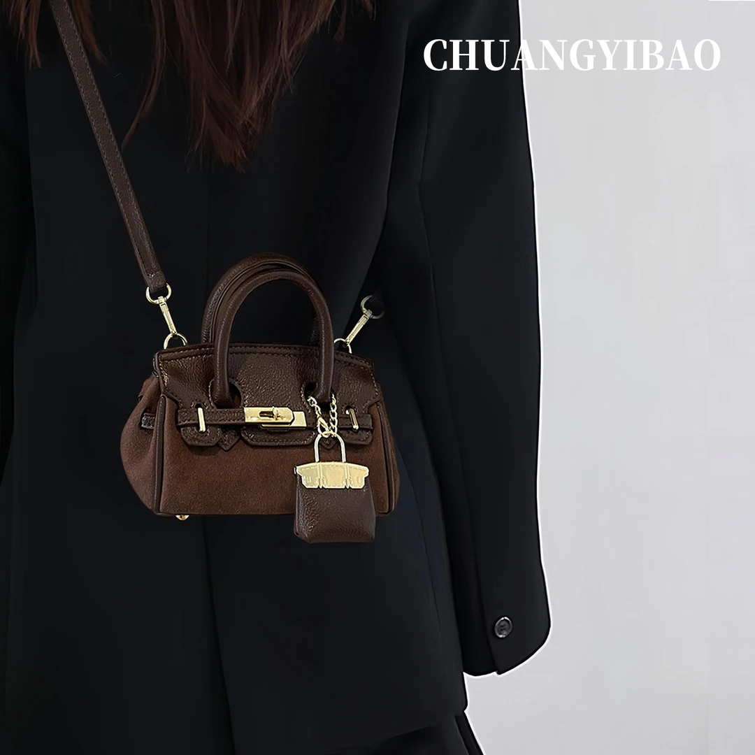 咖色超火麂皮手提凯莉包包女2025新款秋冬轻奢小众高级感斜挎小包