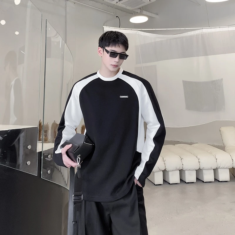 秋季韩国复古小众撞色拼接卫衣男设计感韩版网红套头高级感上衣潮