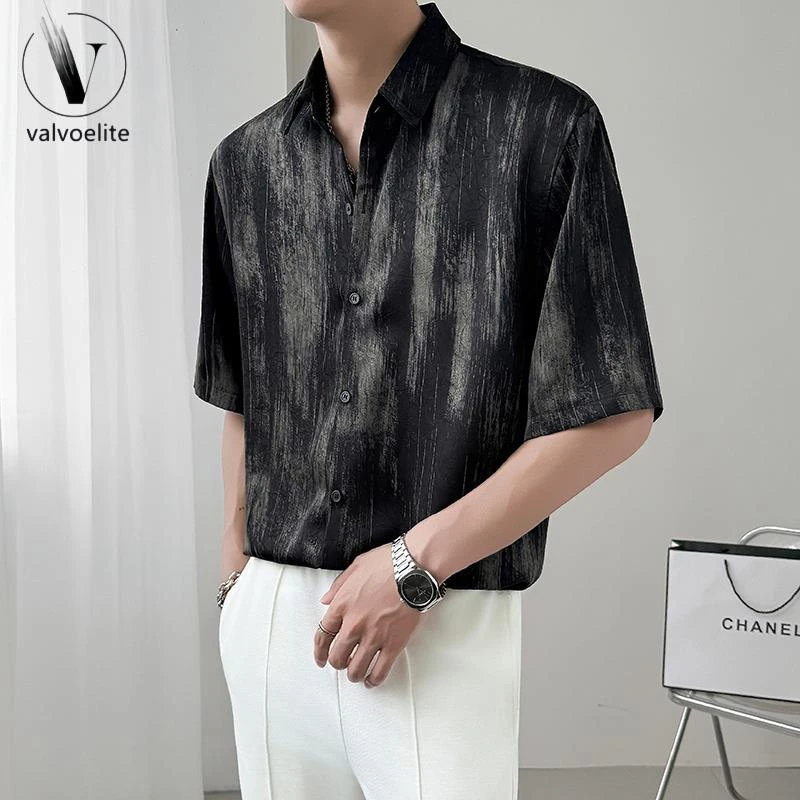 夏季痞帅慵懒风男装新款男士丝滑免烫双缎面鎏金男士免烫垂感衬衫