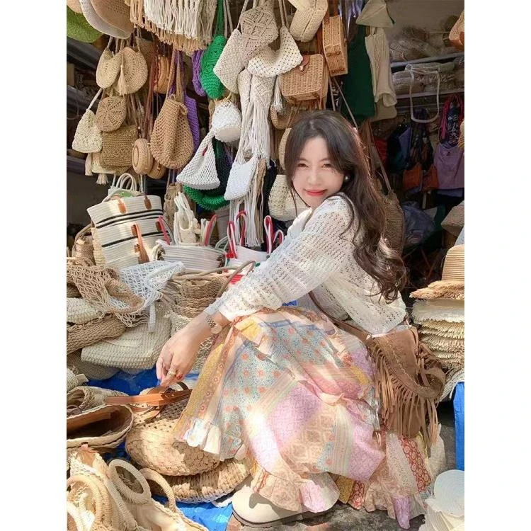 2025春季新款名族风拼色几何图形绑带松紧腰A字中长款半身裙