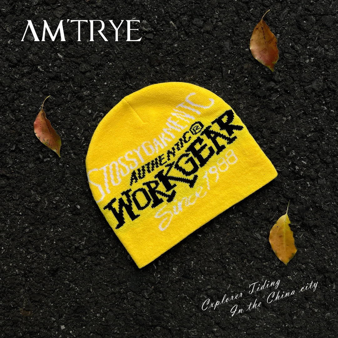 AMTRYE 美式复古字母提花针织帽子男秋冬保暖百搭护耳毛线帽潮酷