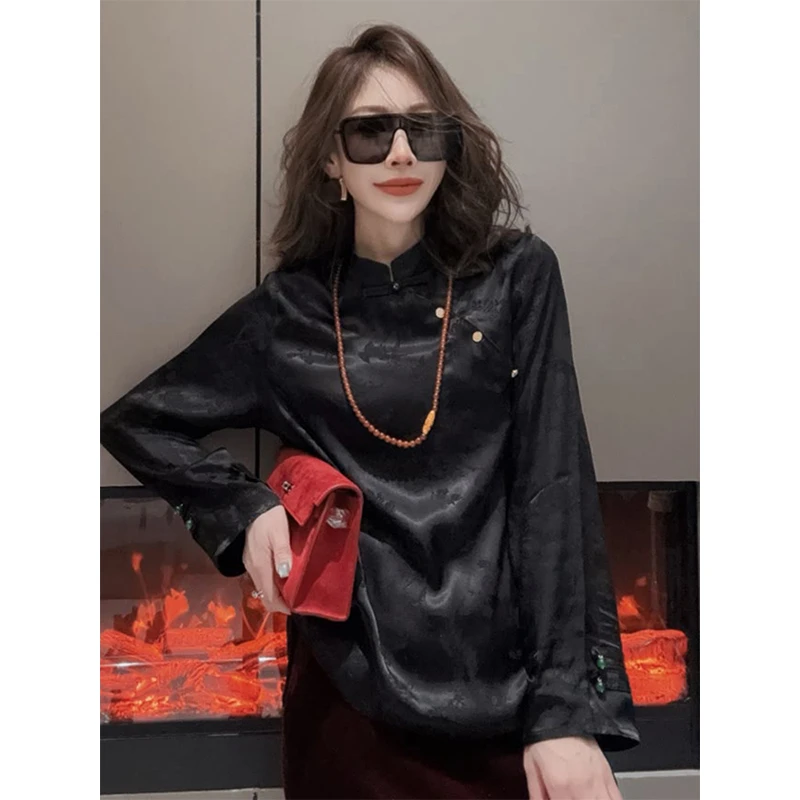 中国风红色洋气高级感衬衫女2025秋新款独特漂亮百搭显瘦提花上衣