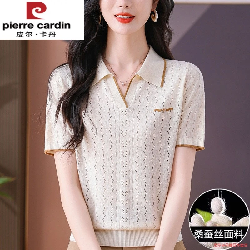 皮尔卡丹桑蚕丝短袖t恤女爆款夏季冰丝针织衫妈妈翻领短款上衣薄