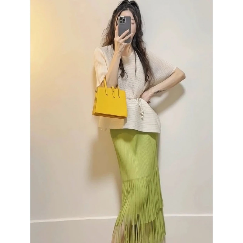 三宅褶皱上衣纯色小个子穿搭垂感裙女高腰显瘦流苏半身裙092 075
