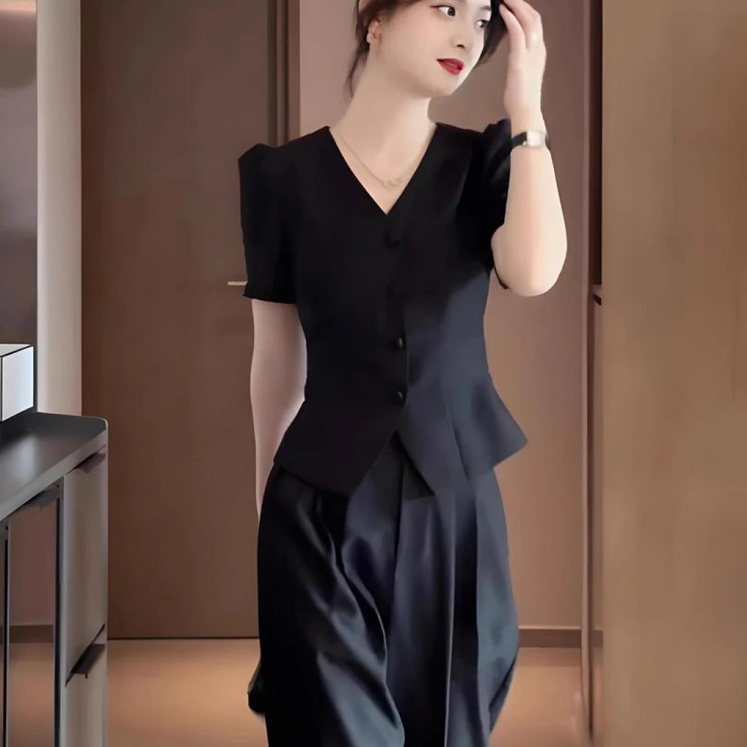 胖mm大码高级薄款夏职业套装女大码短袖西装高腰窄版阔腿裤两件套