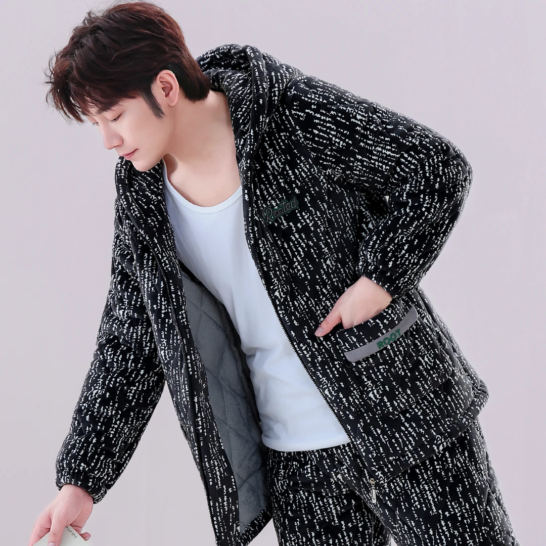 AEROMRGEN睡衣冬天男款超厚三层夹棉新款加绒男士法兰绒家居服